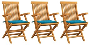 vidaXL Cadeiras de jardim c/ almofadões azuis 3 pcs teca maciça