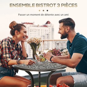 Conjunto de jardim de 2 lugares com 2 cadeiras + mesa redonda em estilo retro, em alumínio fundido e bronze