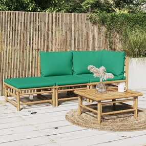 3 pcs conjunto lounge de jardim bambu c/ almofadões verdes