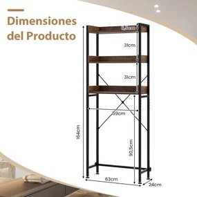 Estante de armazenamento Casa de Banho de 3 prateleiras sobre a sanita com 4 ganchos e barra ajustável para lavandaria ou Casa de banho 63 x 24 x 164