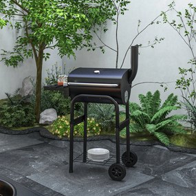 Grelhador a carvão com carrinho 83 x 46,5 x 115 cm, prateleiras, rodas, tampa, termómetro e chaminé, em metal preto