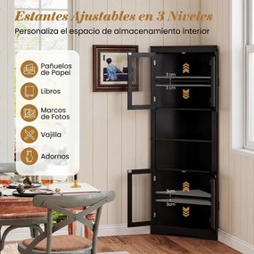 Armário de canto alto casa de banho, cozinha com 6 níveis 66 x 35 x 171 cm, portas de vidro e prateleiras ajustáveis em 3 posições, para cozinha tipo