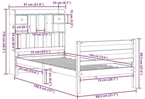Cama com estante sem colchão 75x190cm pinho maciço castanho-mel