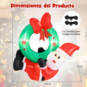 Grinalda de Natal insuflável iluminada por LED de 120 cm e grinalda com fita vermelha e 5 luzes LED Decoração de férias no interior e exterior