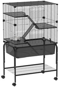 PawHut Gaiola para Pequenos Animais de 4 Níveis com Bandeja Inferior Rodas Rampas Comedouro e Bebedouro 73x47x123 cm Preto | Aosom Portugal