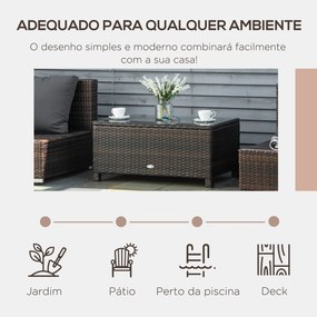 Mesa de Centro Jardim de Vime Sintético Mesa de Apoio para Exterior com Vidro Temperado 85x50x39 cm Castanho