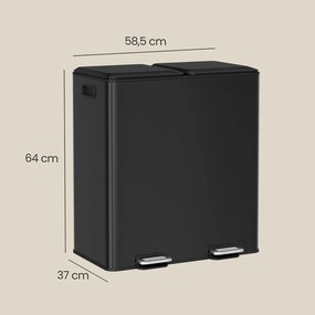 Caixote do lixo de cozinha, 2 x 30 L, 2 compartimentos 64 x 58,5 x 37 cm preto