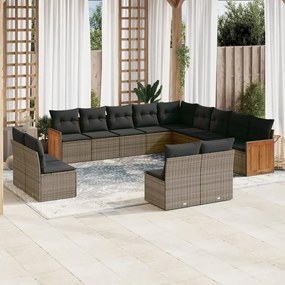 13 pcs conjunto sofás p/ jardim c/ almofadões vime PE cinzento