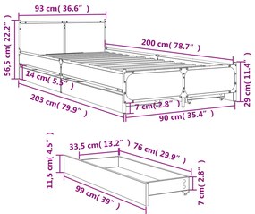 Estrutura de cama c/ gavetas 90x200 cm derivados madeira preto