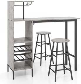 Conjunto de 3 peças de mesa e cadeiras de bar, mesa industrial e bancos com porta-copos, prateleiras para sala de jantar, cozinha Cinzento