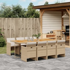 9 pcs conjunto de jantar p/ jardim com almofadões vime PE bege