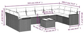 11 pcs conjunto sofás de jardim c/ almofadões vime PE cinzento