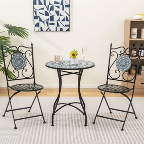 Conjunto Bistro Mesa redonda e 2 cadeiras dobráveis com padrão de mosaico Estrutura metálica robusta para utilização no interior e no exterior Cinzent