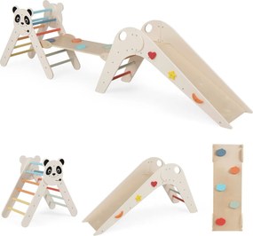Parque dobrável para escalada para crianças Montessori de escalada em madeira com tema de panda Ginásio interior com escorrega bege