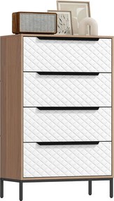 Cómoda com 4 Gavetas de Tecido Frentes com Padrão de Diamante Móvel de Arrumação 59,5,5x30x92,5 cm Madeira e Branco
