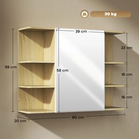 Armário de parede para casa de banho com espelho, móvel de casa de banho com prateleiras abertas, 80 x 20 x 59 cm, madeira natural