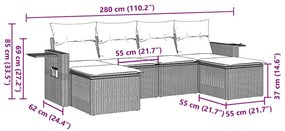 6 pcs conjunto de sofás jardim c/ almofadões vime PE castanho