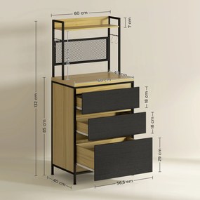 Armário de cozinha de estilo industrial com 3 gavetas, bancada, prateleira e 4 ganchos, 60 x 40 x 132 cm