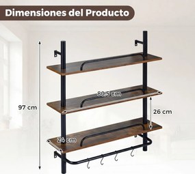 Prateleiras suspensos de parede com luzes 80,5 x 24 x 97 cm, controlo remoto via app, em tubos industriais, 3 níveis, com 4 ganchos em forma de S, Cas