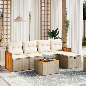 6 pcs conjunto de sofás p/ jardim com almofadões vime PE bege
