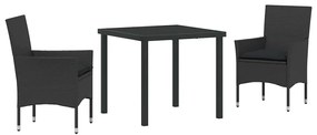 Conjunto de Jantar de Jardim em 3 Peças com Almofadas Pretas em Rattan