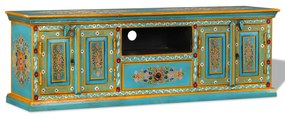 vidaXL Armário TV madeira mangueira maciça azul, pintado à mão
