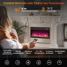 Lareira elétrica encastre 26” de 1500 W com comando à distância Temporizador Termóstato Preto