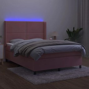 Cama box spring c/ colchão/LED 140x200 cm veludo rosa