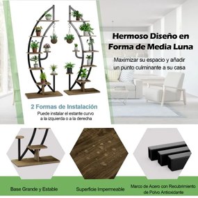 Conjunto de 2 Estantes Metálicas para Plantas 7 Níveis em Forma de Crescente Curvo com Gancho para Varanda 60x30x155 cm Natural