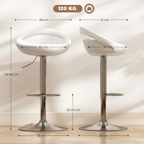 Conjunto de 2 bancos de bar com altura ajustável, encosto e apoio para os pés, giratórios a 360°, 46x41x76-96 cm, branco