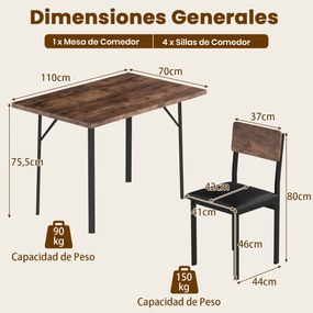 Conjunto de sala de jantar com 5 peças: mesa industrial e 4 cadeiras estofadas com pernas de metal para espaços pequenos Café e Preta