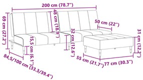 Sofá-cama 2 lugares c/ apoio de pés veludo cinza-claro