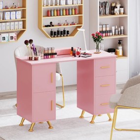 Mesa de manicure com gavetas Apoio para os pulsos Pernas metálicas para salão de beleza 108 x 45 x 76 cm Rosa