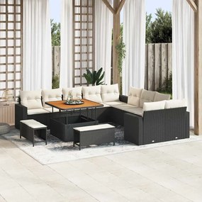 Conjunto de Sofá de Jardim vidaXL 13 Peças com Almofadas Preto Polirattan Acácia
