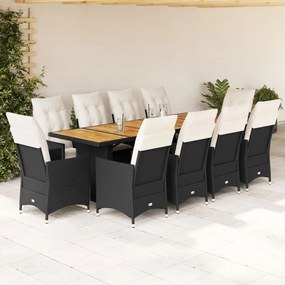 11 pcs conjunto de bistrô p/ jardim c/ almofadões vime PE preto