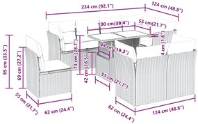 9 pcs conjunto sofás p/ jardim com almofadões vime PE cinzento