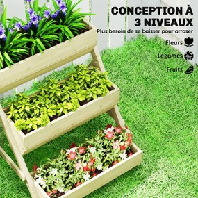 Floreira elevada em madeira com 3 níveis  65 x 75 x 76 cm, prateleira em degraus para plantas com orifícios de drenagem