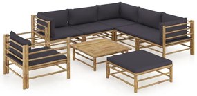 8 pcs conj. lounge jardim em bambu c/ almofadões cinza-escuro
