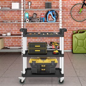 Carrinho multifuncional 80 x 41 x 97 cm de 3 níveis com rodas bloqueáveis e alças duplas, estrutura em alumínio para cozinha ou garagem, preto
