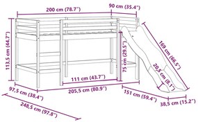 Cama alta p/ criança c/ escorrega 90x200 cm pinho maciço branco