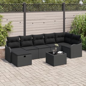 Conjunto de Sofá de Jardim de 8 Peças com Almofadas Preto Rattan PE, C