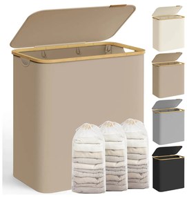 Cesto para roupa suja 150 L com tampa e 3 compartimentos 60 x 38,5 x 70,5 cm castanho-camelo