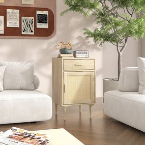 Mesa de cabeceira com armário e prateleira em rattan trançado, 1 gaveta, estilo boémio - 40 x 40 x 68,5 cm, natural