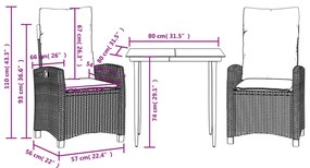 3 pcs conjunto jantar p/ jardim c/ almofadões vime PE castanho