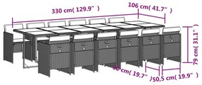 13 pcs conj. jantar jardim c/ almofadões vime PE cinzento-claro