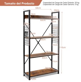 Estante industrial de 4 níveis com ganchos, pés ajustáveis e Estante de exposição ajustável para sala de estar 64 x 24 x 110 cm Castanho