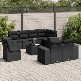 9 pcs conjunto de sofás p/ jardim c/ almofadões vime PE preto