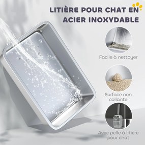 Caixa de areia para gatos em aço inoxidável com 85 L de grande capacidade, casa de higiene semi-fechada, 60 x 40 x 38 cm, preta