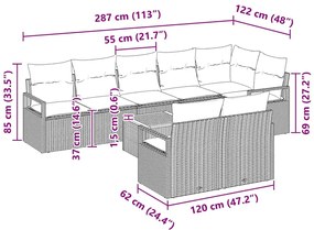 Conjunto de sofá de jardim com 9 peças e almofadas beje, rattan e poli