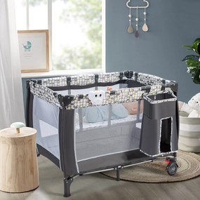 Parque infantil bebés portátil com rede amovível e ajustável, tapete muda-fraldas e rodas com fecho 127 x 63 x 110 cm